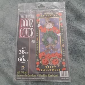 Vintage Halloween Scarecrow Fall Autumn Pumpkins Leaves Door Cover 28x60"